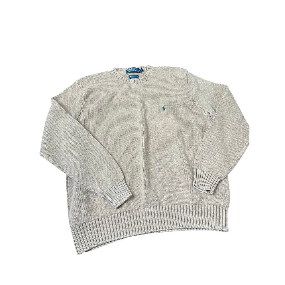 Vintage Polo Ralph Lauren XL Pima Cotton Crewneck Sweater Beige Tan Pony